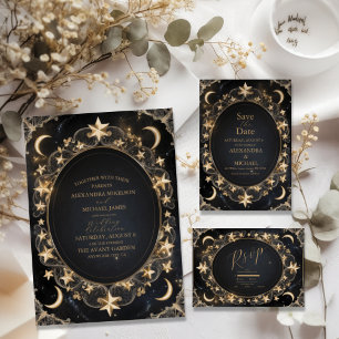 Tarot Celestial Wedding Sun Moon Stars Gold Einladung