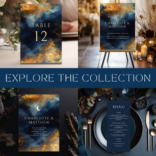 Celestial Abstrakt Blue Golden Moon Hochzeit Folieneinladung