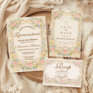 Pastellfarbene Barock-Garten-Quinceañera Save The Date