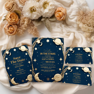 Foto Celestial Navy Gold Crescent Moon Hochzeit Dankeskarte
