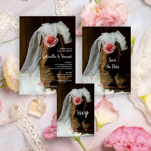 Pink Country Rose und Cowboy Boots Western Hochzei RSVP Karte