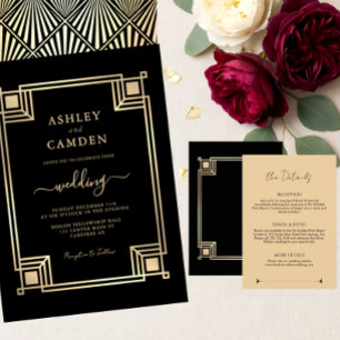 Art Deco Eleganter Goldrahmen Schwarze Hochzeit Einladung