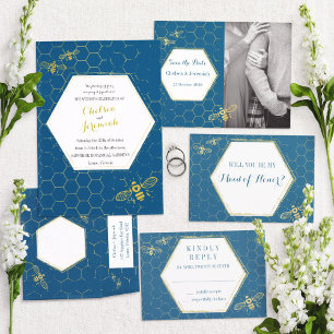 Oh Honey Bee Aquamarin Gold Custom Wedding Einladung