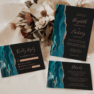 Schicke Teal-Rosa-Gold-Achat-Dunkle Hochzeit Einladung