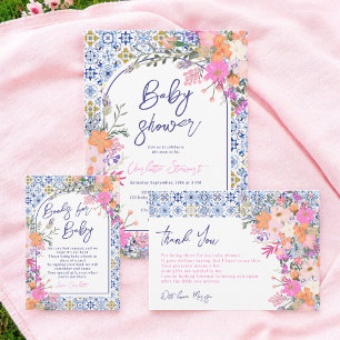 Italienisch blaue Fliesen Aquarell Blütendusche Dankeskarte