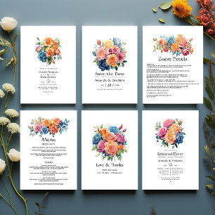 Hochzeit mit Blau, Rosa, Orange und grüner Blüte Einladung