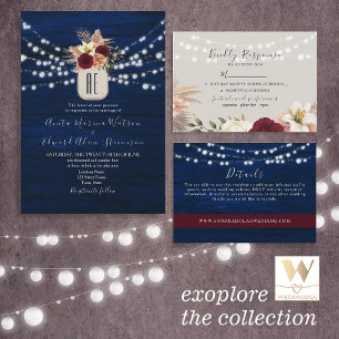 String Lights Rustic Wood Navy Blue Wedding All In One Einladung