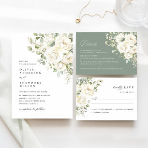 Salbeigrün Weiße Florale Wasserfarbe Elegante Hoch RSVP Karte