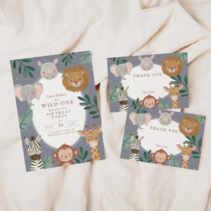 Wild One Boys' Safari Blue 1. Geburtstag Einladung