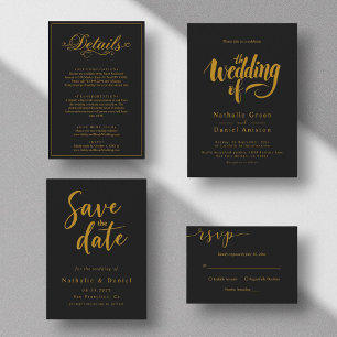 Elegante Script Black and Gold Calligraphy Wedding Einladung