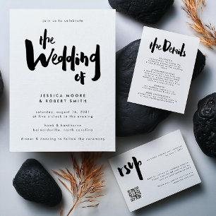 Bold Modern Black Brush Script Wedding QR Code RSVP Karte