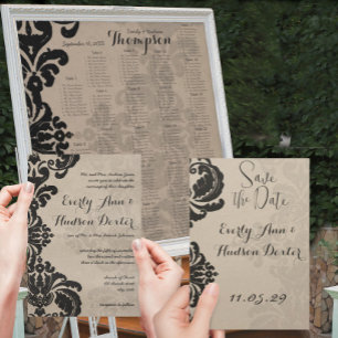 Romantische Eiffelturm-Schatten Damask Hochzeit Einladung