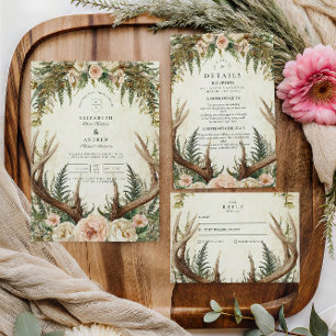 Rustikale Antler Woodland Floral Wedding Einladung
