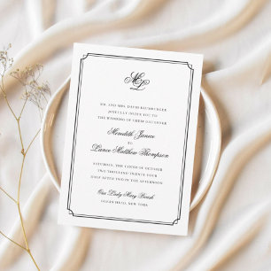 Elegante Monogram Black and White Script Wedding RSVP Karte