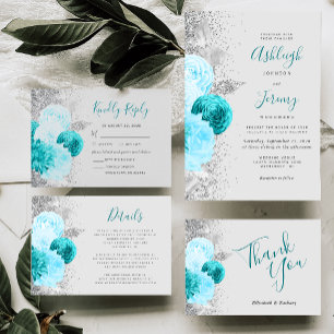 Floral Türkis Gray Silver Wedding Vielen Dank Karte