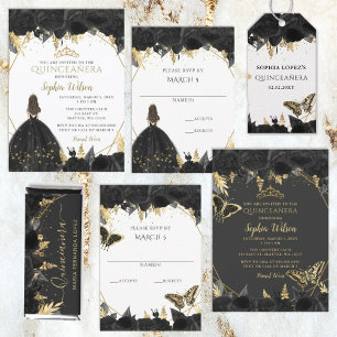 Black Gold Floral Butterfells Quinceanera Runder Aufkleber