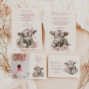 Foto Pink Girl Floral Highland Kuh 1. Geburtstag Dankeskarte