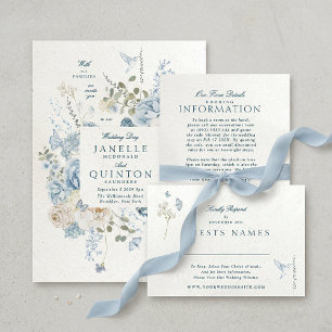 Elegantes Blue Florals Imitats Handmade Paper Wedd Einladung