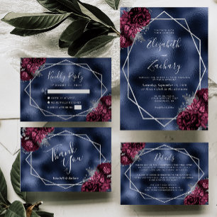 Burgund Floral Silber Navy Folie Geometrische Hoch Dankeskarte