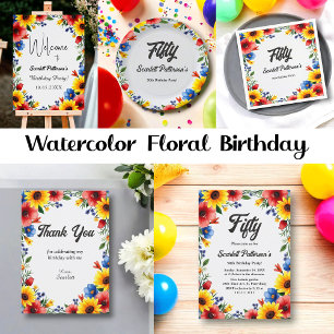 Boho Watercolor Blumengarten Sommer Geburtstag Dankeskarte