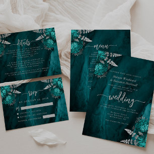 Elegante Türkisblaue Silberne Florale Hochzeit Einladung