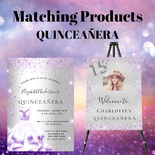 Quinceanera silberne lila Kleidung Glitzer Glasur Einladung