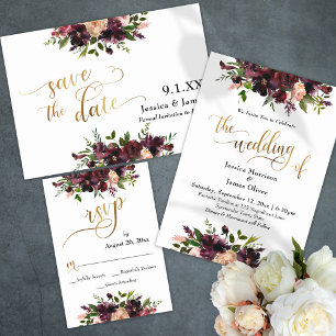Deep Red Burgundy Floral Save the Date Gold Script