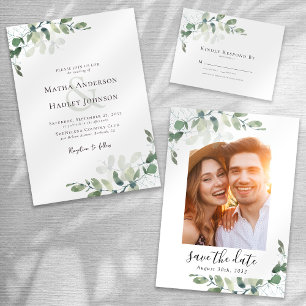 Elegantes Eukalyptus-FOTO Hochzeit Save The Date