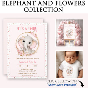 Girl Niedlich Pink Elefant und Blume Kinderdusche Einladung