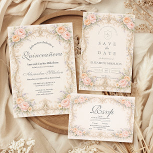 Barocke Quinceañera in Rosé und Pfirsich Einladung