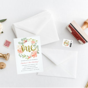 Einladung zum ersten Geburtstag Pink Gold Blumenst