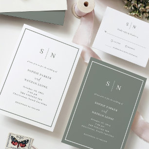 Minimal und Chic   White and Sage Green Wedding RSVP Karte