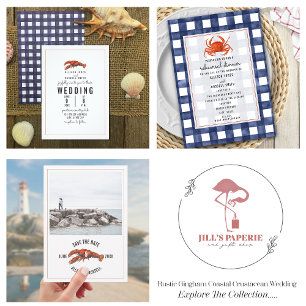 Wetter Blue Gingham Lobster Wedding Einladung