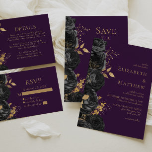 Romantische schwarze Gold-Blumen-Hochzeit in Lila Einladung