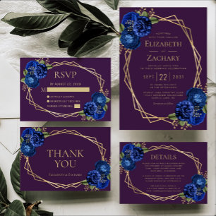 Lila Royal Blue Floral Gold Geo Wedding Details RSVP Karte