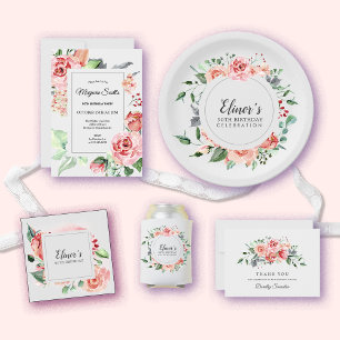 Dusty Pink Floral 90. Geburtstag Vielen Dank Pappteller