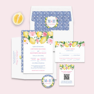Positano Lemons Blue Tiles Pink Wedding Monogram Quadratischer Aufkleber