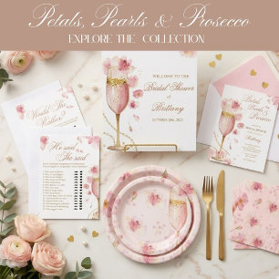 Brautparty-Einladung 'Petals, Pearls & Prosecco' Rechteckiger Pappuntersetzer