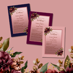 Navy Blau Roségold Schrift Burgunder Blumen Hochze Begleitkarte