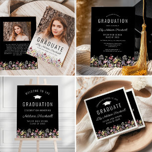 Boho Wildblume schwarze Foto Graduierungsankündigu Einladung
