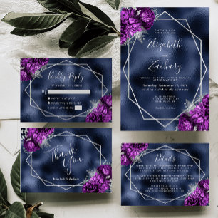 Navy Foil Lila Silver Floral Wedding Einladung
