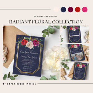 Radiant Floral Navy Blue Burgundy Red Wedding Invi Einladung