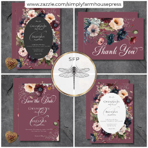 Dunkle Moody Burgundy Oval Floral Frame Wedding Ge Save The Date