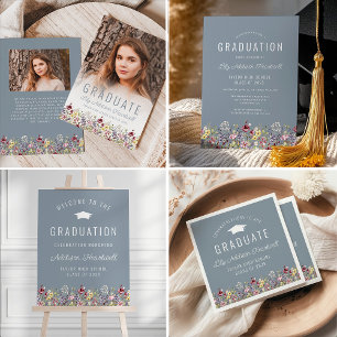Boho-Wildblumen-Staubblau-Abschlussfeier Einladung