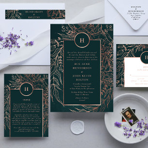 Emerald Dusty Rose Gold Monogram Wreath Wedding Einladung