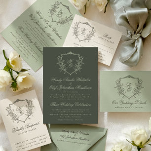 Sage on Green Olive Vintag Wappen Monogram Wedding Einladung
