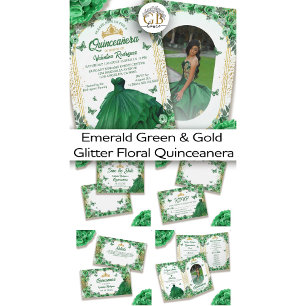 Emerald Green Gold Glitzer Floral Quinceanera Runder Aufkleber