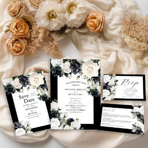 Moderne Schwarz-Weiß-Blumen-Hochzeit Rette die Dat Save The Date