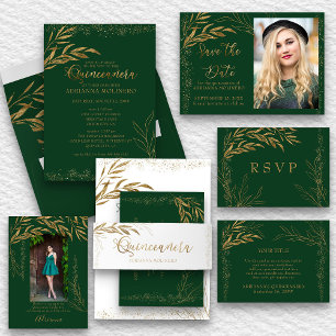 Elegant Emerald Green und Gold Leaf RSVP Karte