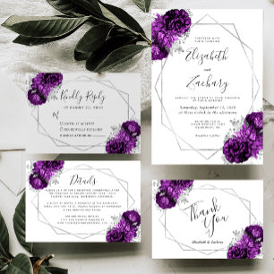 Lila Pflaume Silber Blumen Weiße Hochzeit Einladung